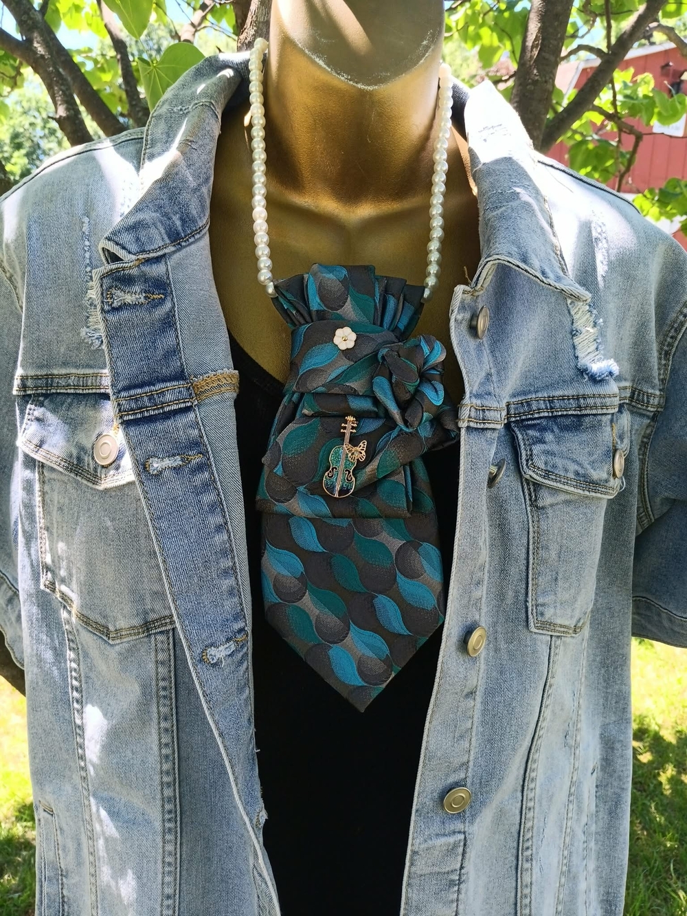 Handmade Teal & Gray Statement Junk Tie Necklace with Pearl Chain